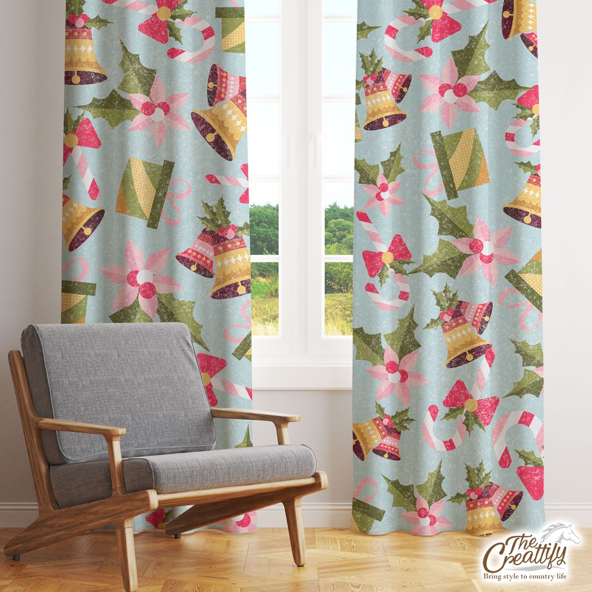 Bells, Christmas Bell And Candy Canes With Christmas Gifts Window Curtain