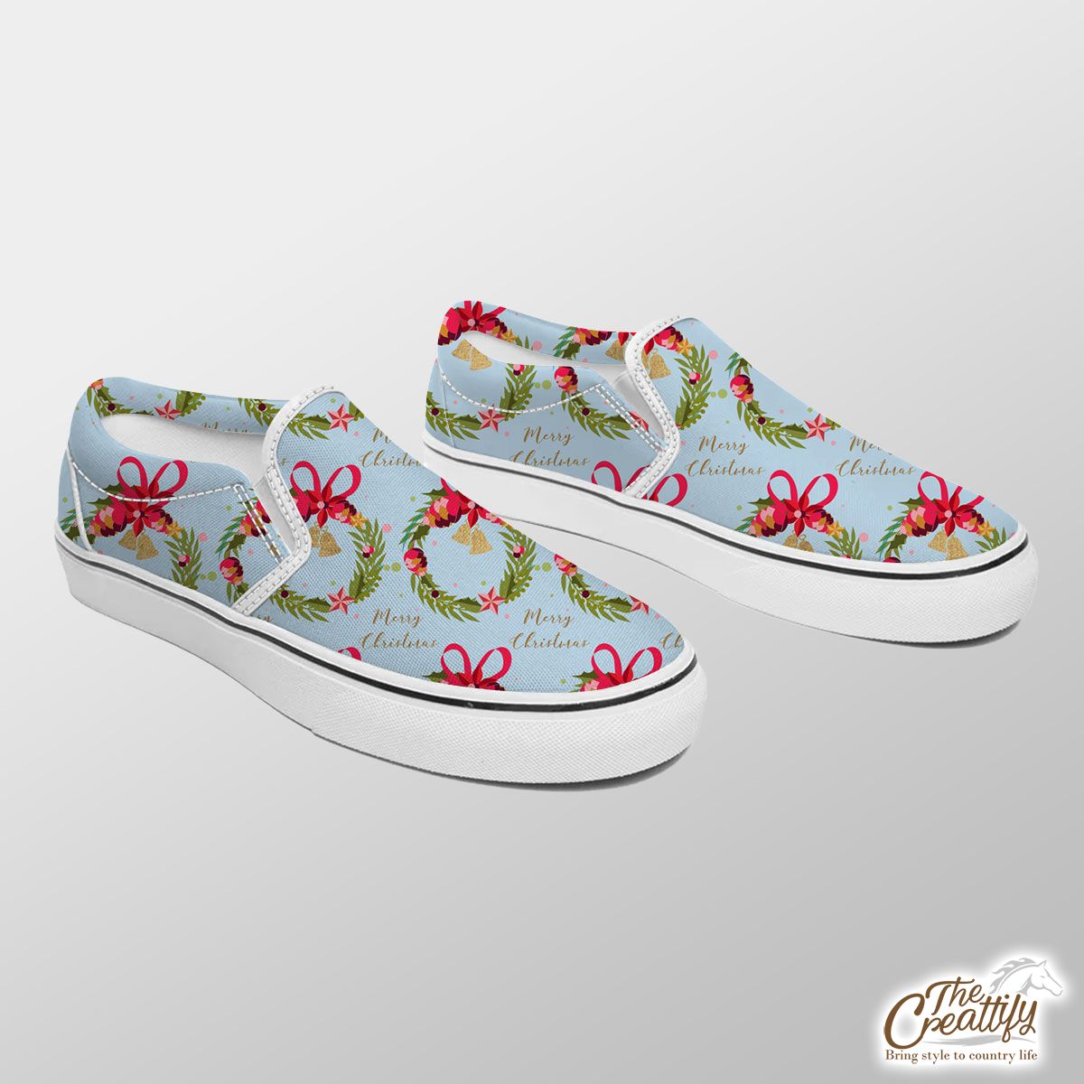 Christmas Wreath, Christmas Wreath Bows And Bells Slip On Sneakers