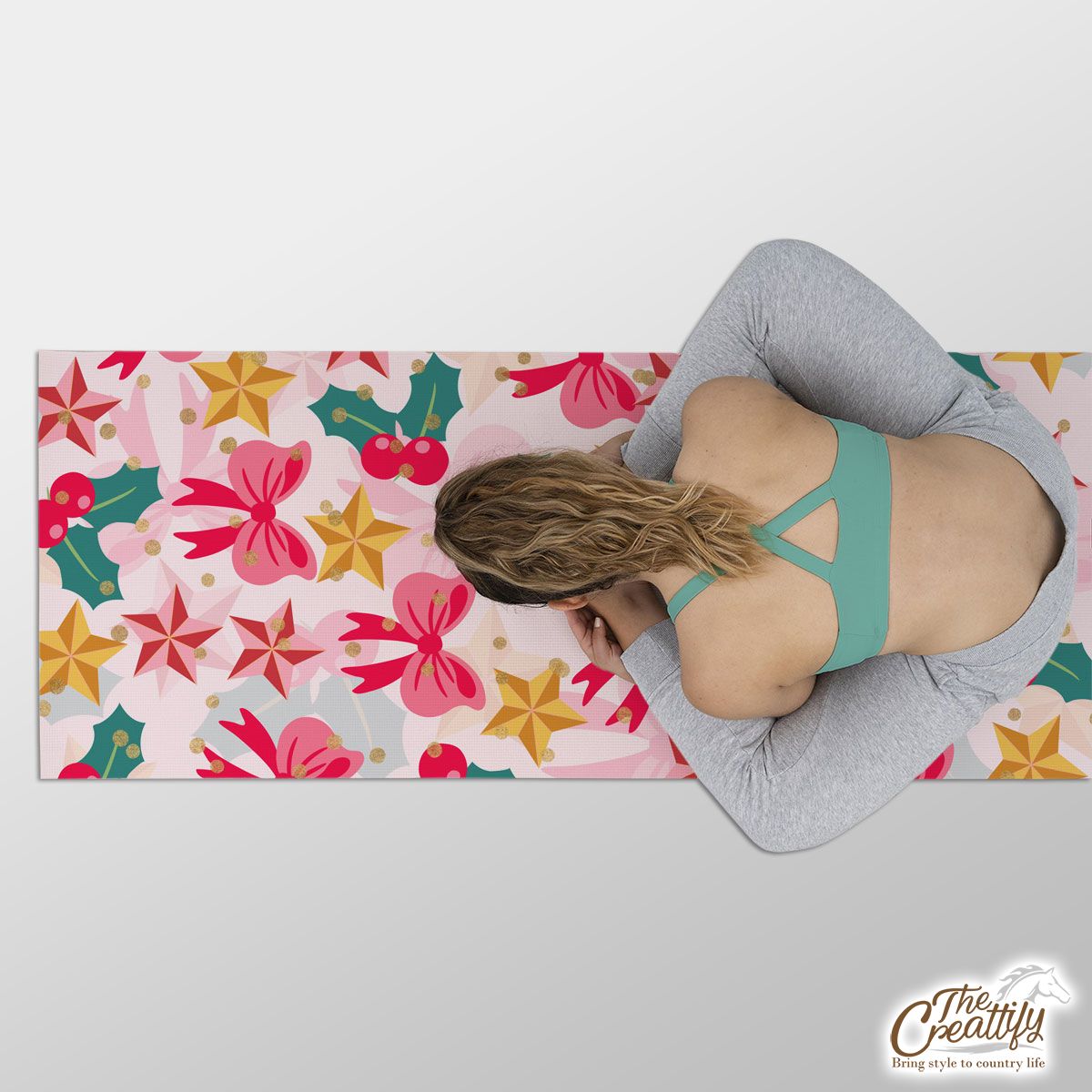 Christmas Pattern With Bells, Bow, Holly Leaf And Christmas Tree Star Yoga Mat