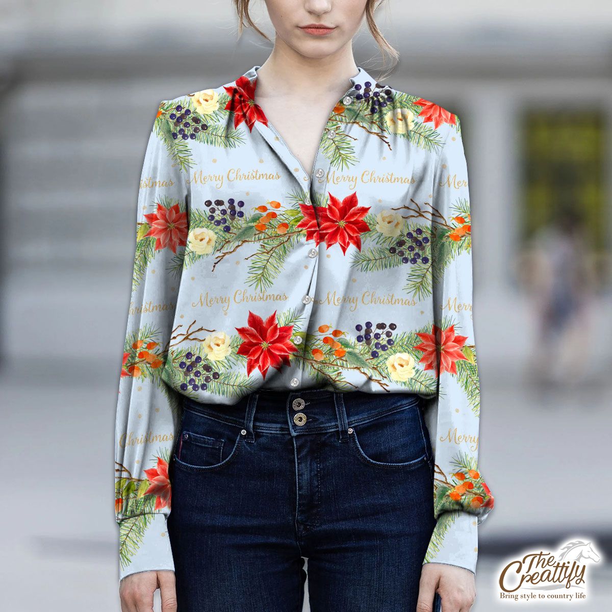 Christmas Tree Branches With Poinsettia And Mistletoe V-Neckline Blouses