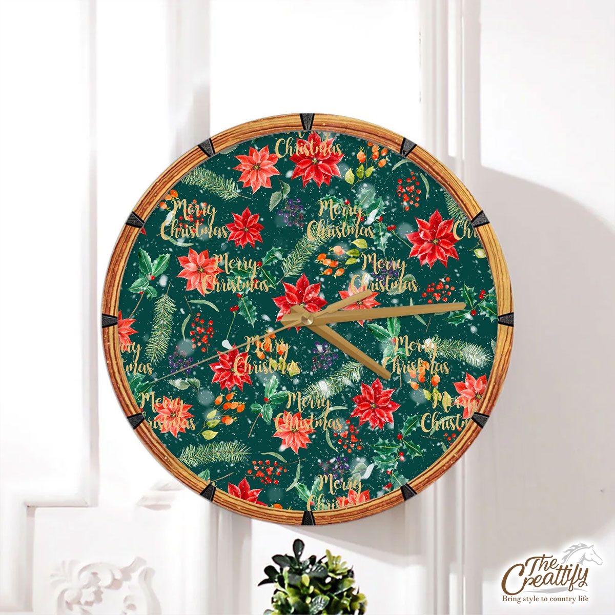Christmas Poinsettia, Holly Leaf, Holly Berries With Snowflake Wall Clock