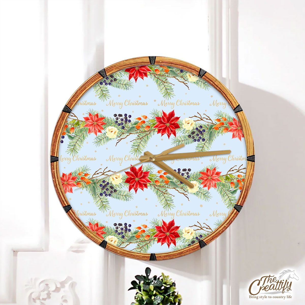 Christmas Tree Branches With Poinsettia And Mistletoe Wall Clock