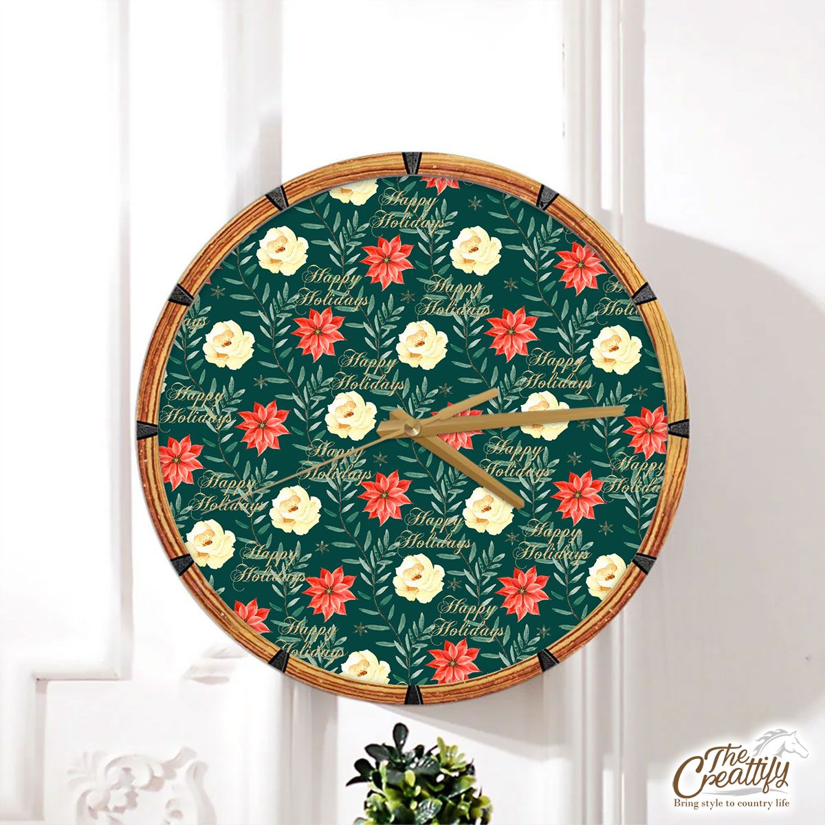 Happy Holidays With Christmas Poinsettia Wall Clock