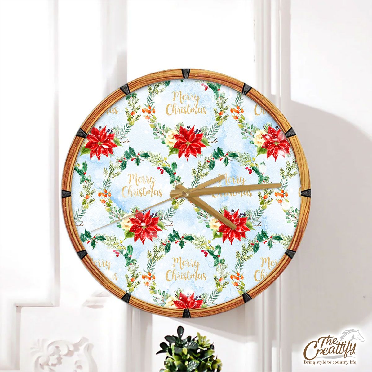 Wreath, Christmas Wreath With Holly Leaf, Poinsettia And Christmas Mistletoe Wall Clock