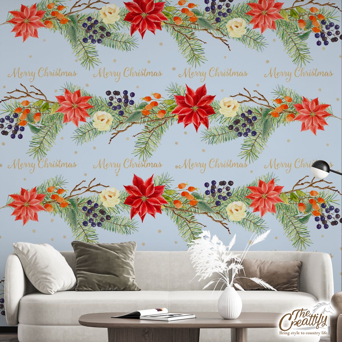 Christmas Tree Branches With Poinsettia And Mistletoe Wall Mural