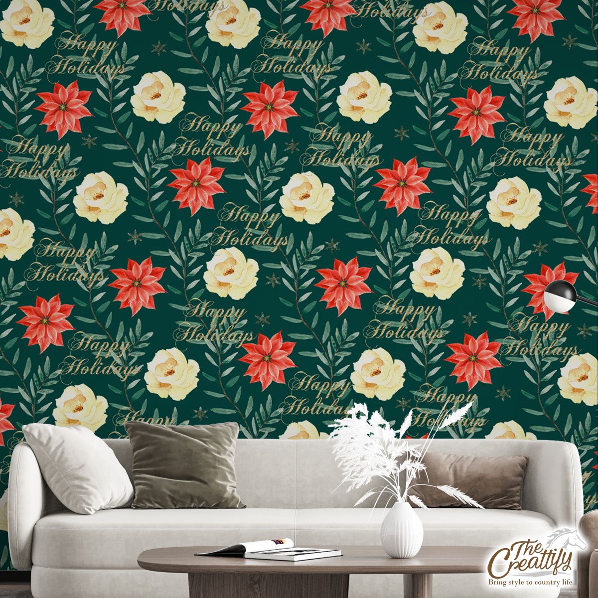 Happy Holidays With Christmas Poinsettia Wall Mural