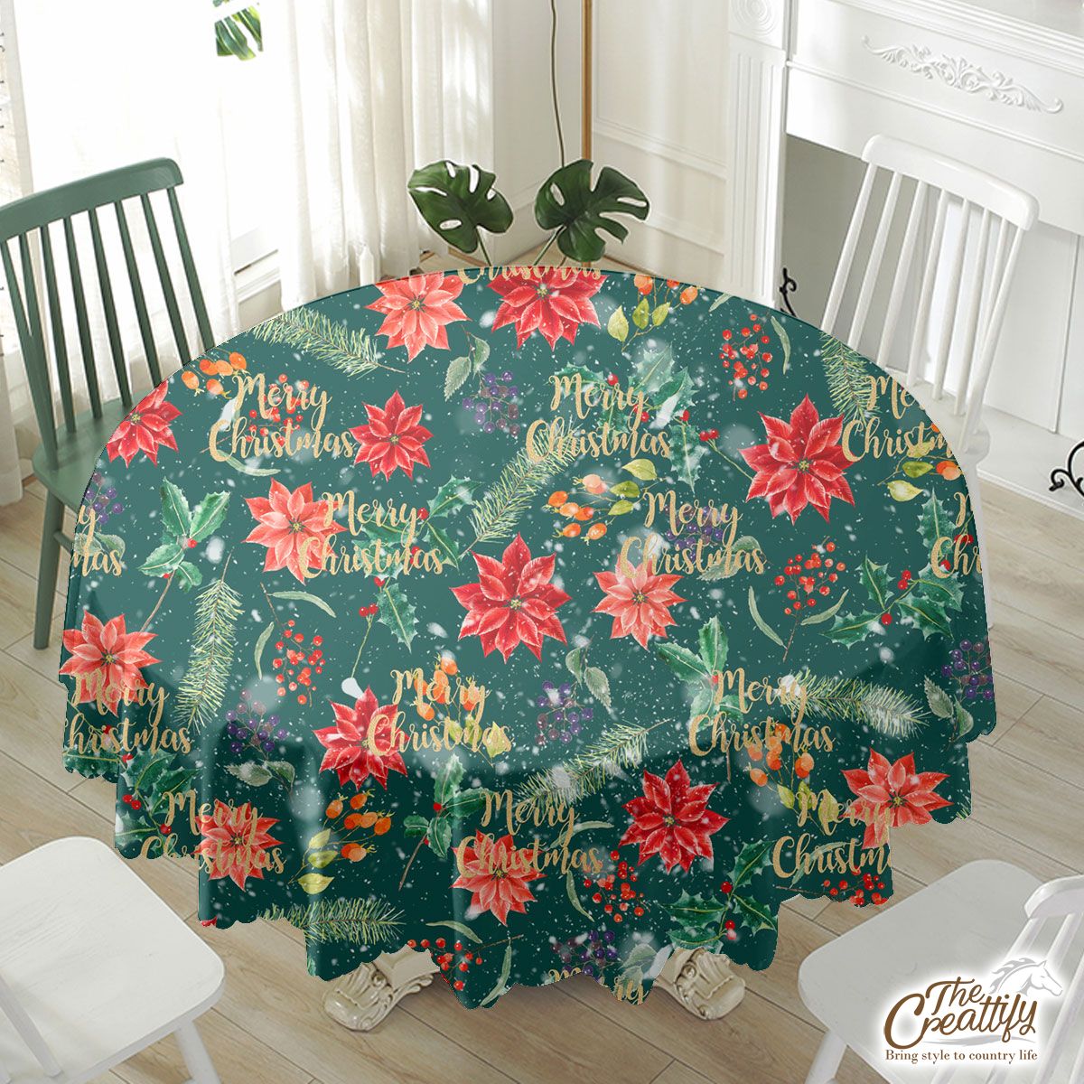 Christmas Poinsettia, Holly Leaf, Holly Berries With Snowflake Waterproof Tablecloth