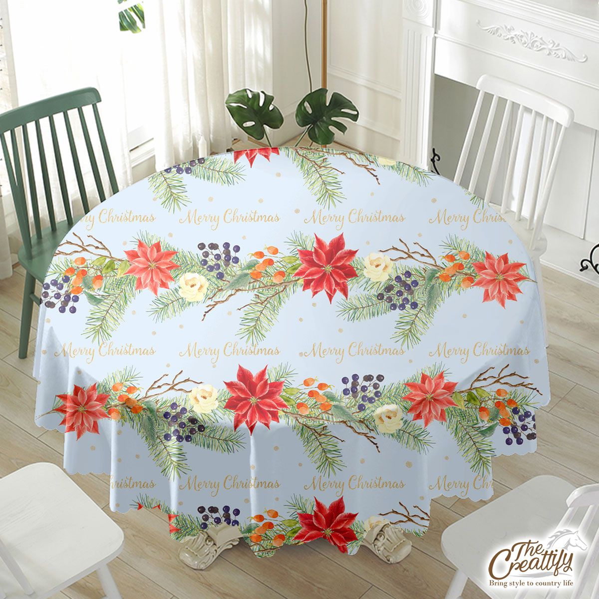 Christmas Tree Branches With Poinsettia And Mistletoe Waterproof Tablecloth
