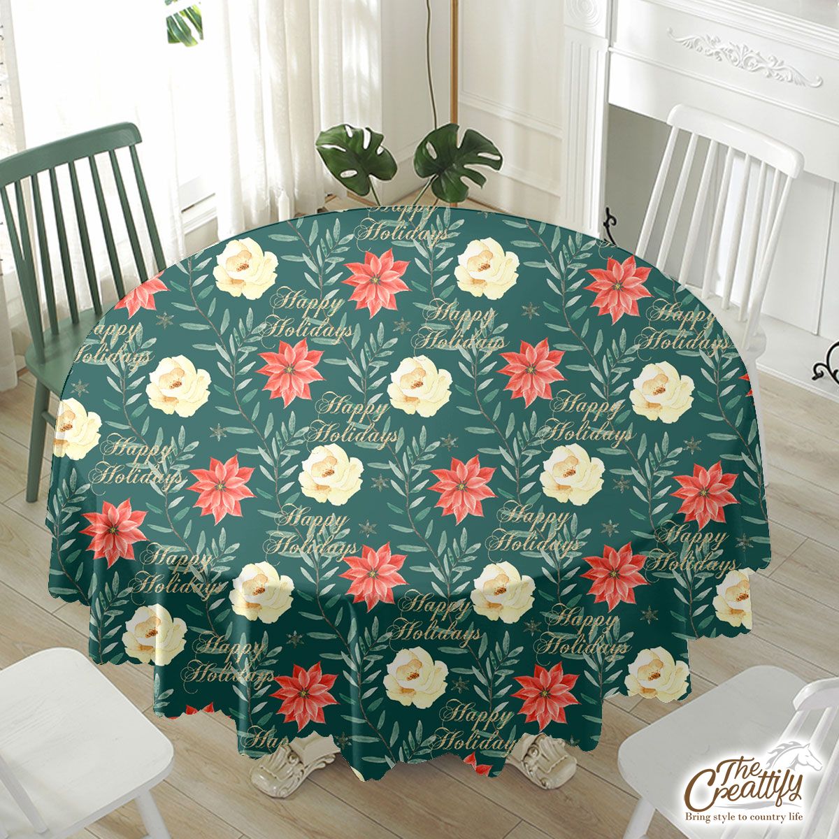 Happy Holidays With Christmas Poinsettia Waterproof Tablecloth