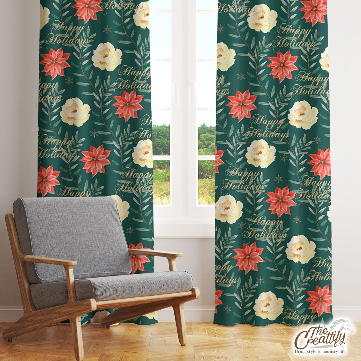 Happy Holidays With Christmas Poinsettia Window Curtain