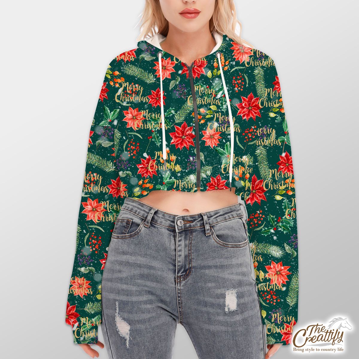 Christmas Poinsettia, Holly Leaf, Holly Berries With Snowflake Hoodie With Zipper Closure