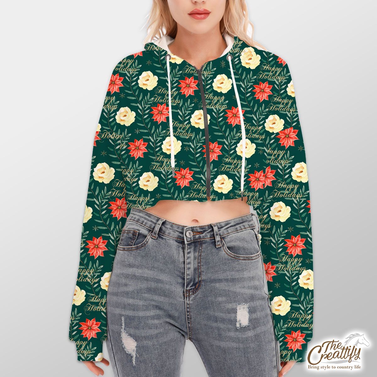 Happy Holidays With Christmas Poinsettia Hoodie With Zipper Closure
