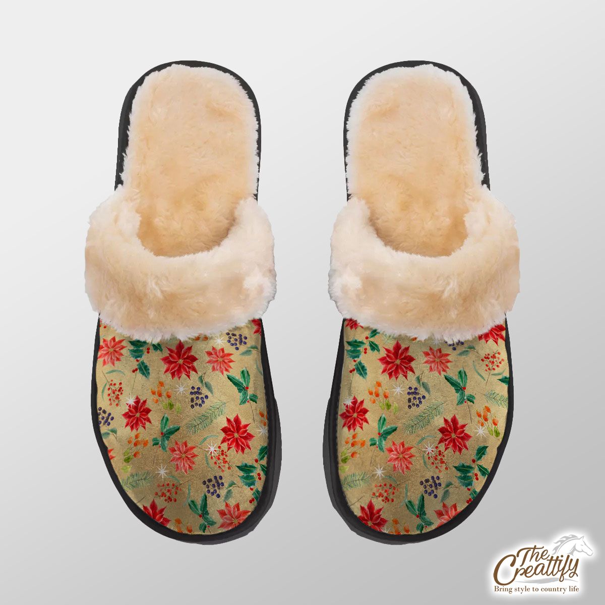 Christmas Poinsettia, Holly Leaf, Holly Berries And Christmas Mistletoe Home Plush Slippers