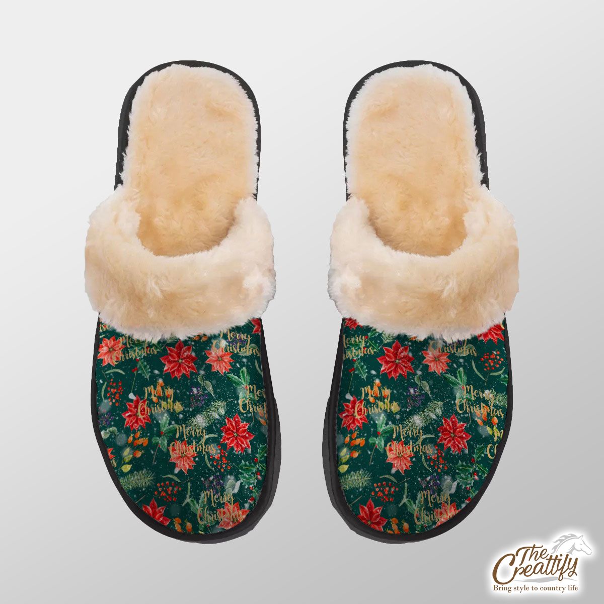 Christmas Poinsettia, Holly Leaf, Holly Berries With Snowflake Home Plush Slippers