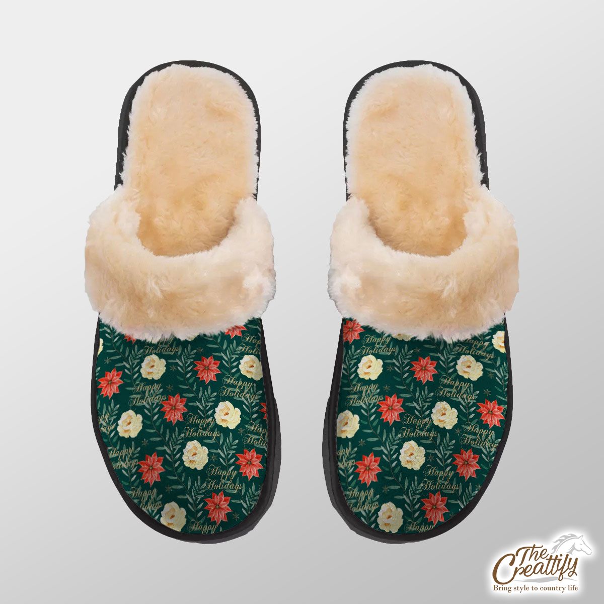 Happy Holidays With Christmas Poinsettia Home Plush Slippers