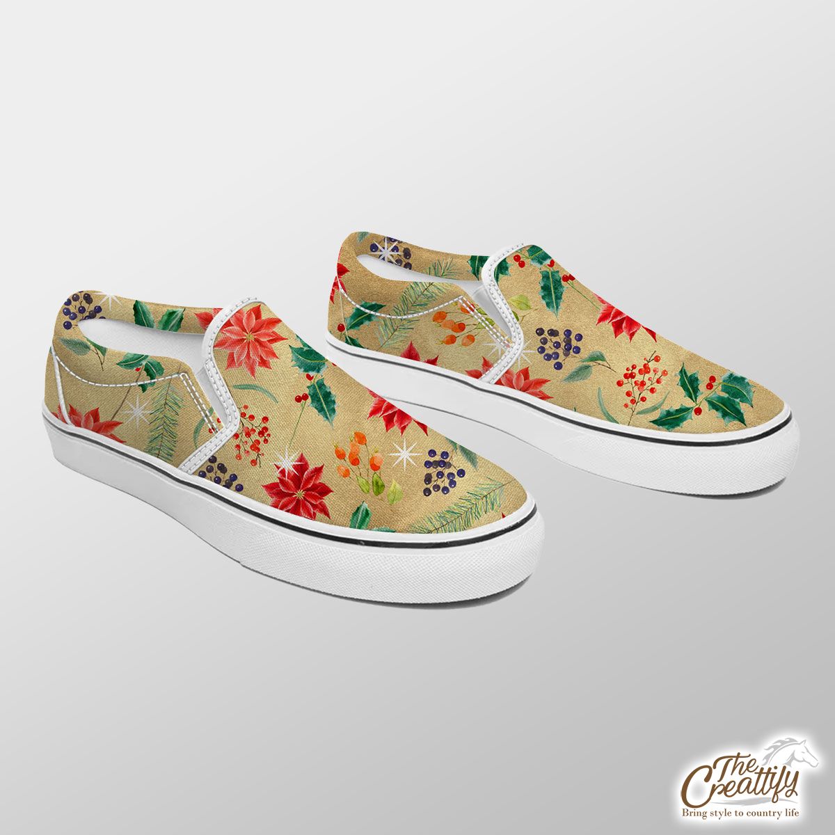 Christmas Poinsettia, Holly Leaf, Holly Berries And Christmas Mistletoe Slip On Sneakers