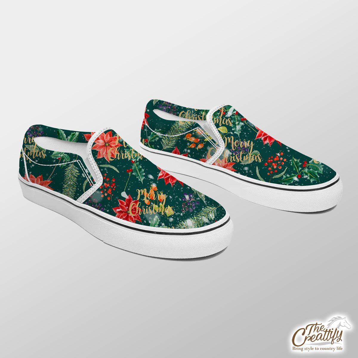Christmas Poinsettia, Holly Leaf, Holly Berries With Snowflake Slip On Sneakers