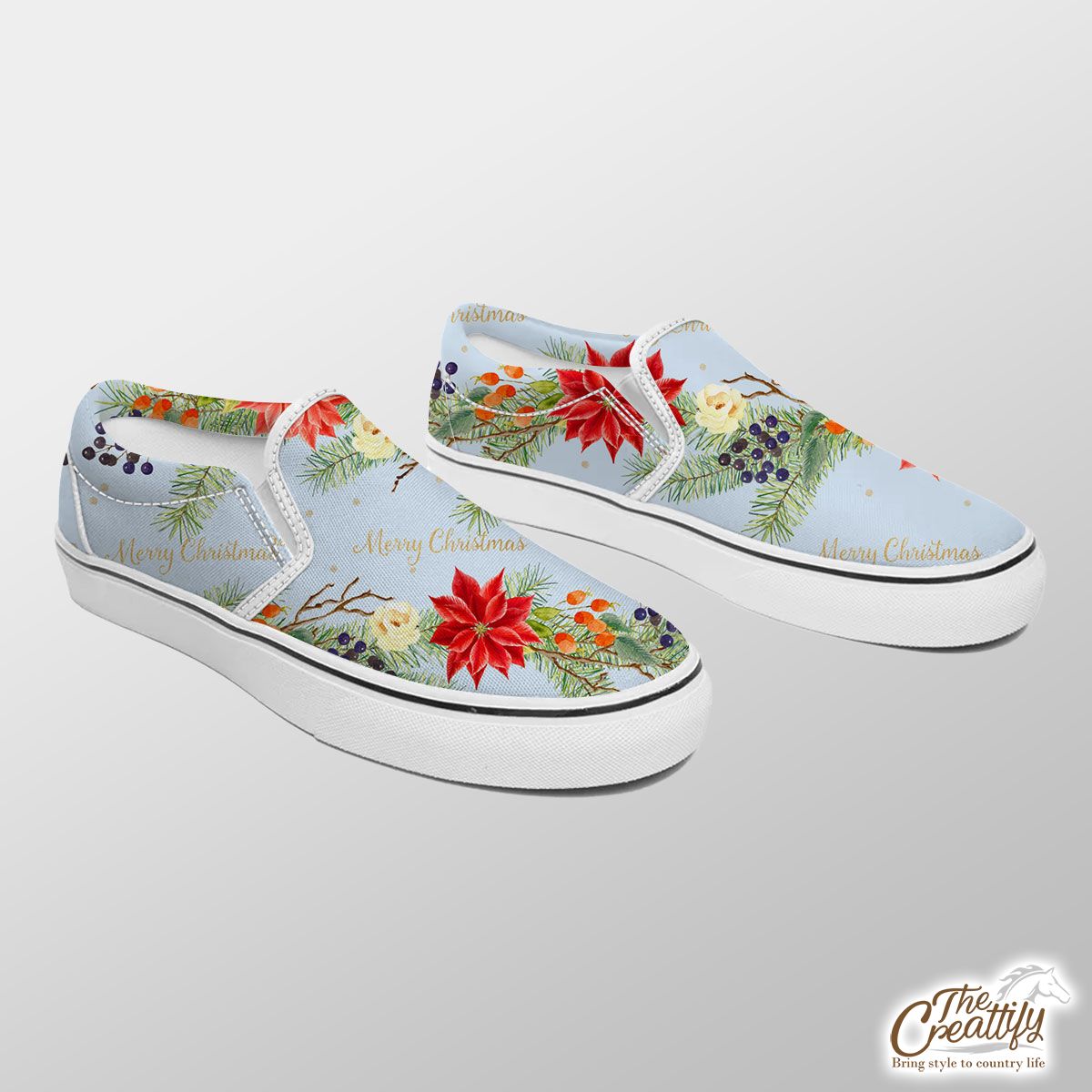 Christmas Tree Branches With Poinsettia And Mistletoe Slip On Sneakers