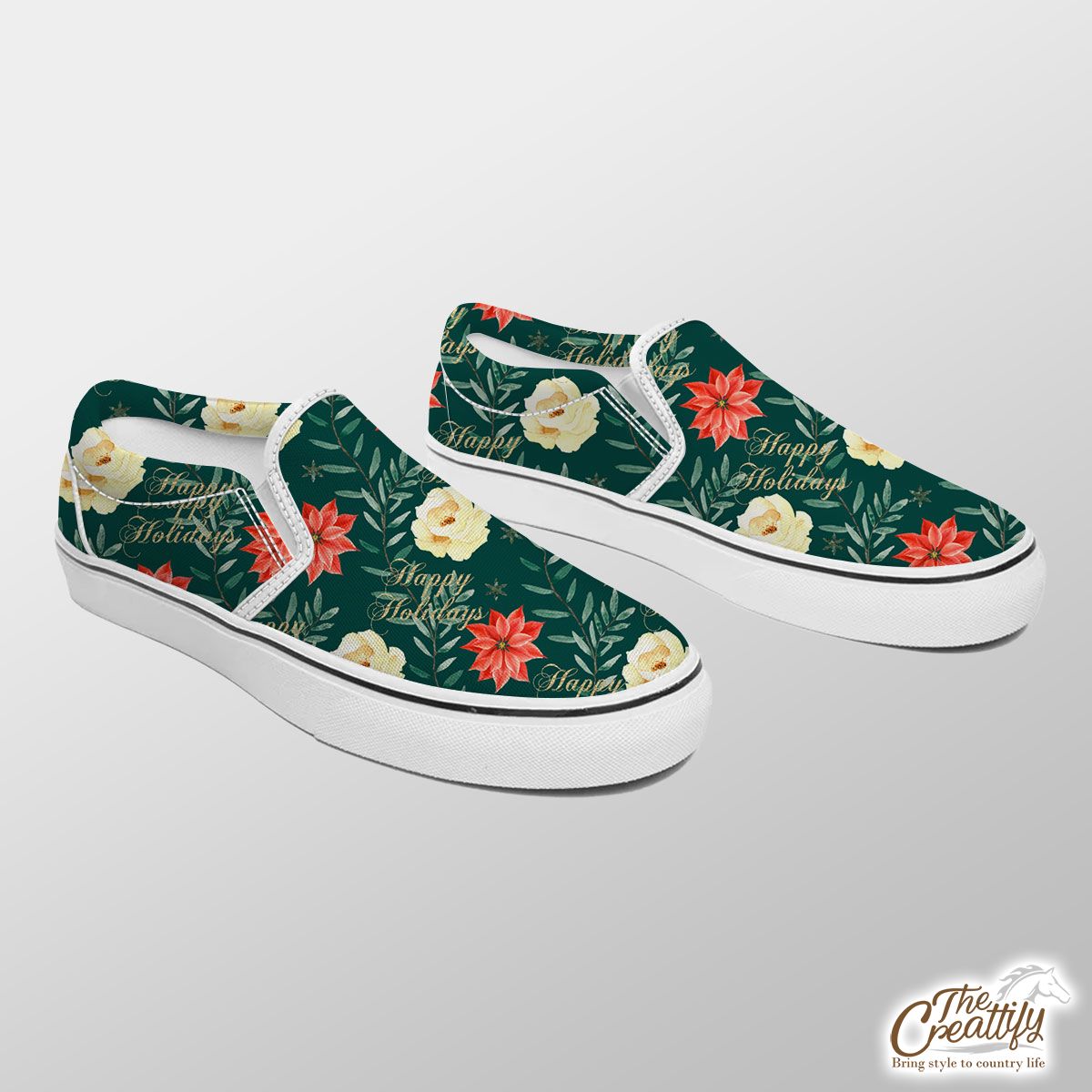 Happy Holidays With Christmas Poinsettia Slip On Sneakers