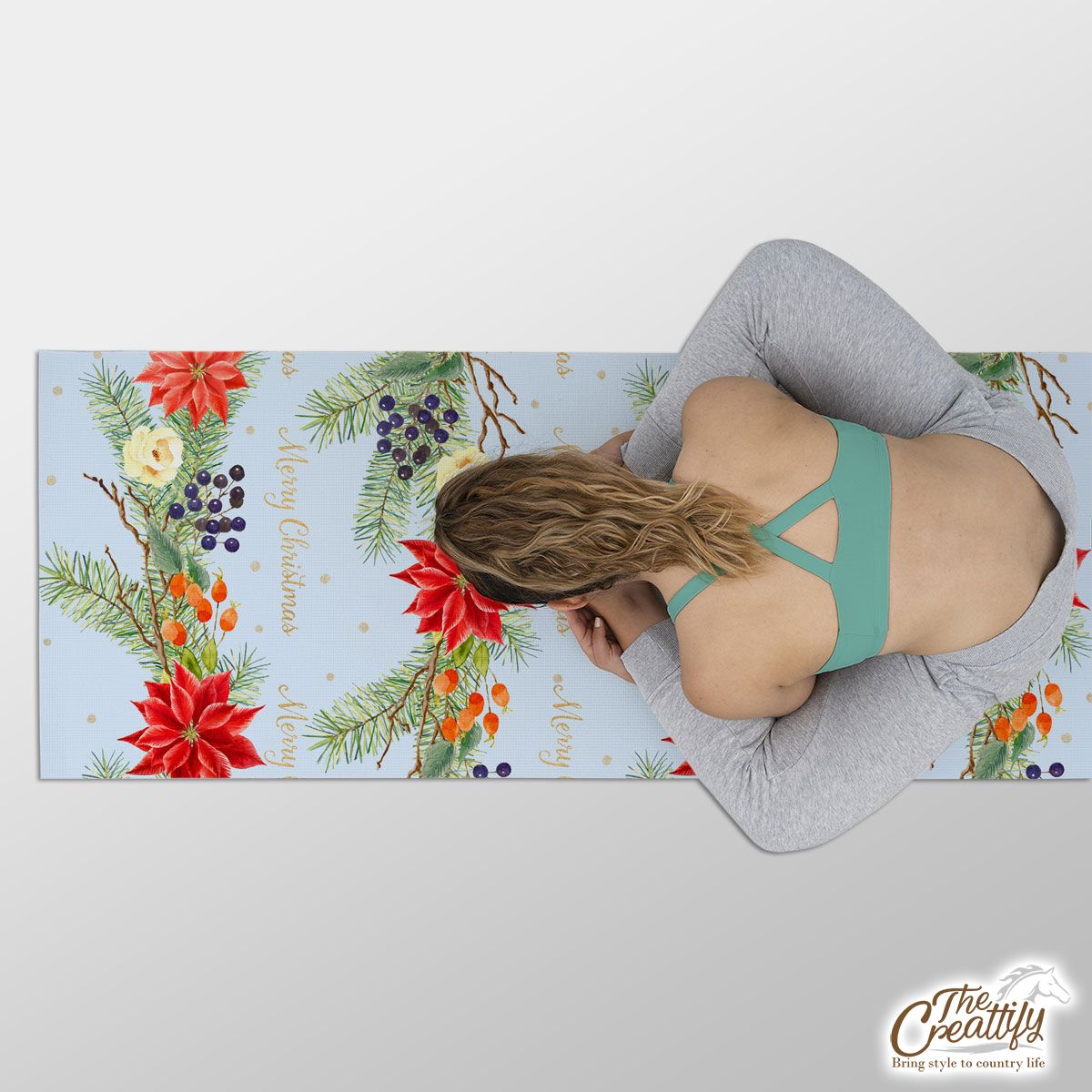 Christmas Tree Branches With Poinsettia And Mistletoe Yoga Mat