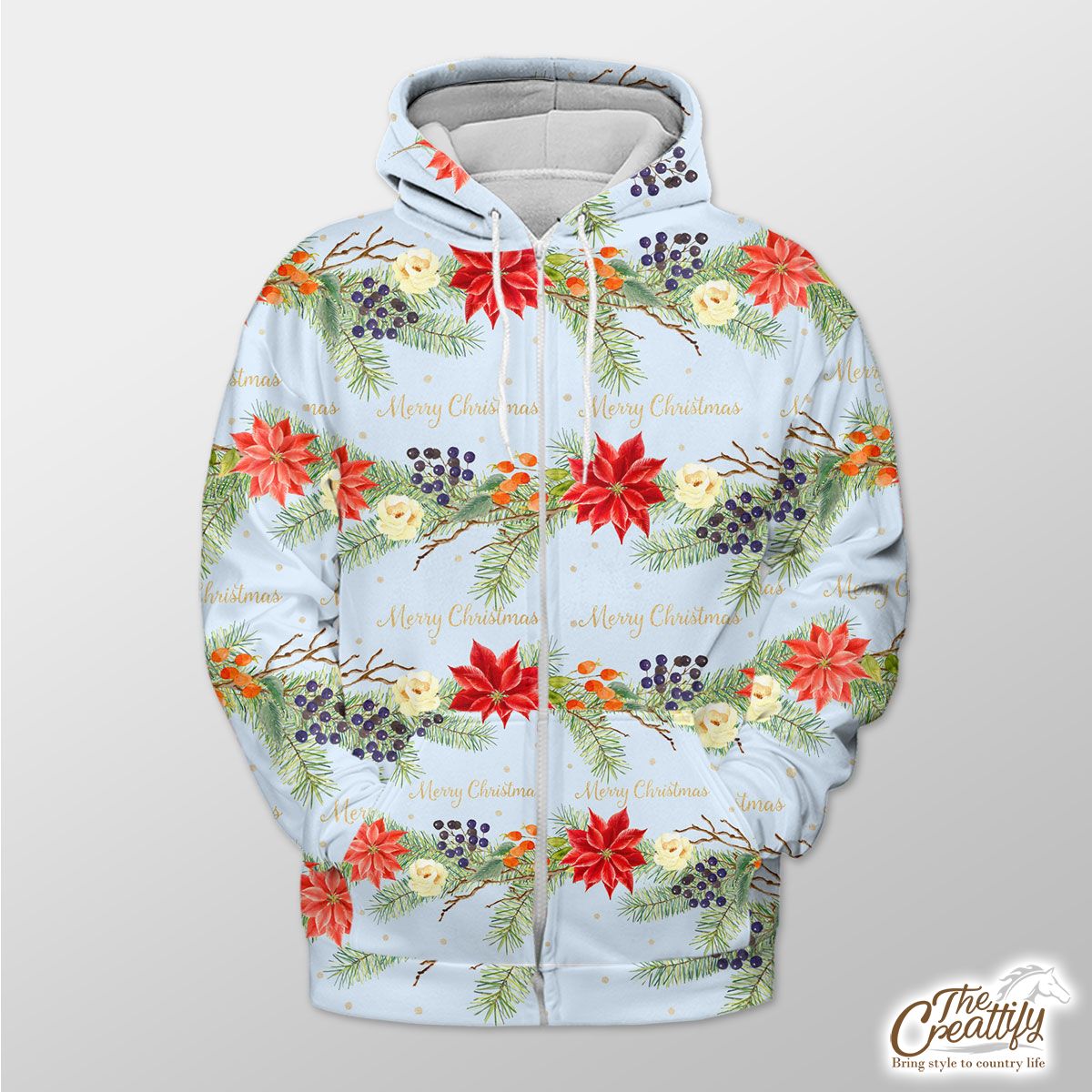 Christmas Tree Branches With Poinsettia And Mistletoe Zip Hoodie