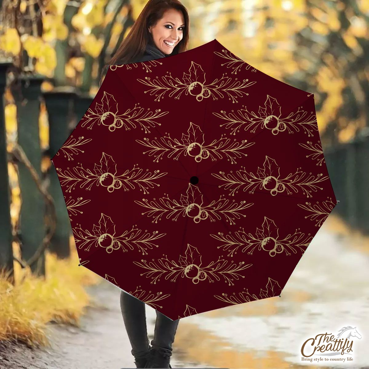 Christmas Mistletoe And Holly Leaf Umbrella