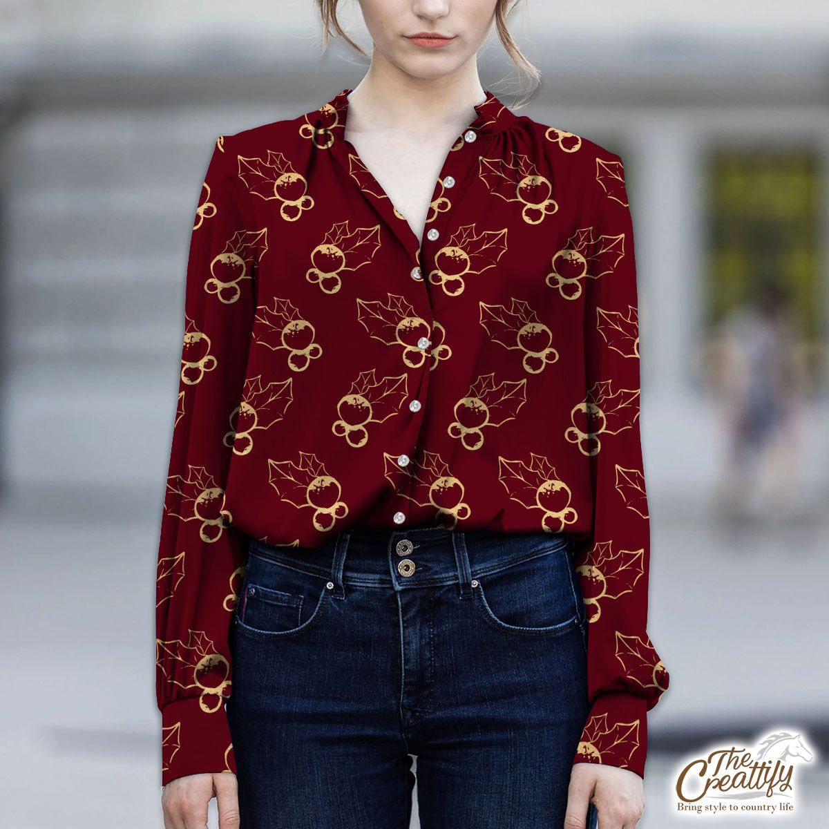 Holly Leaf, Holly Berries, Red Berries V-Neckline Blouses