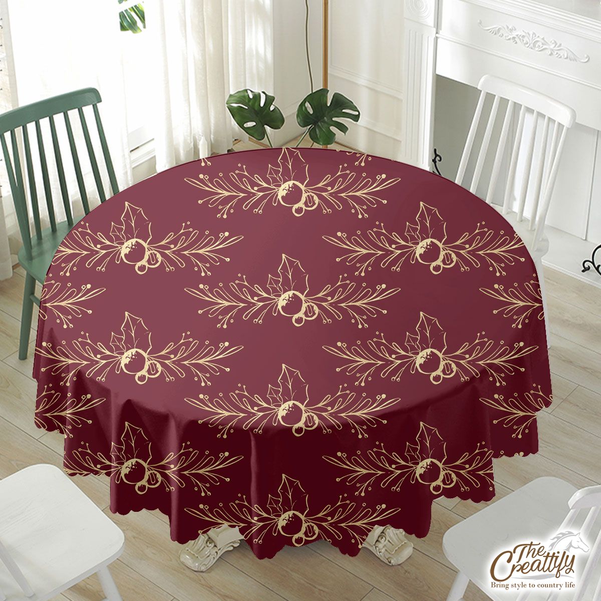 Christmas Mistletoe And Holly Leaf Waterproof Tablecloth