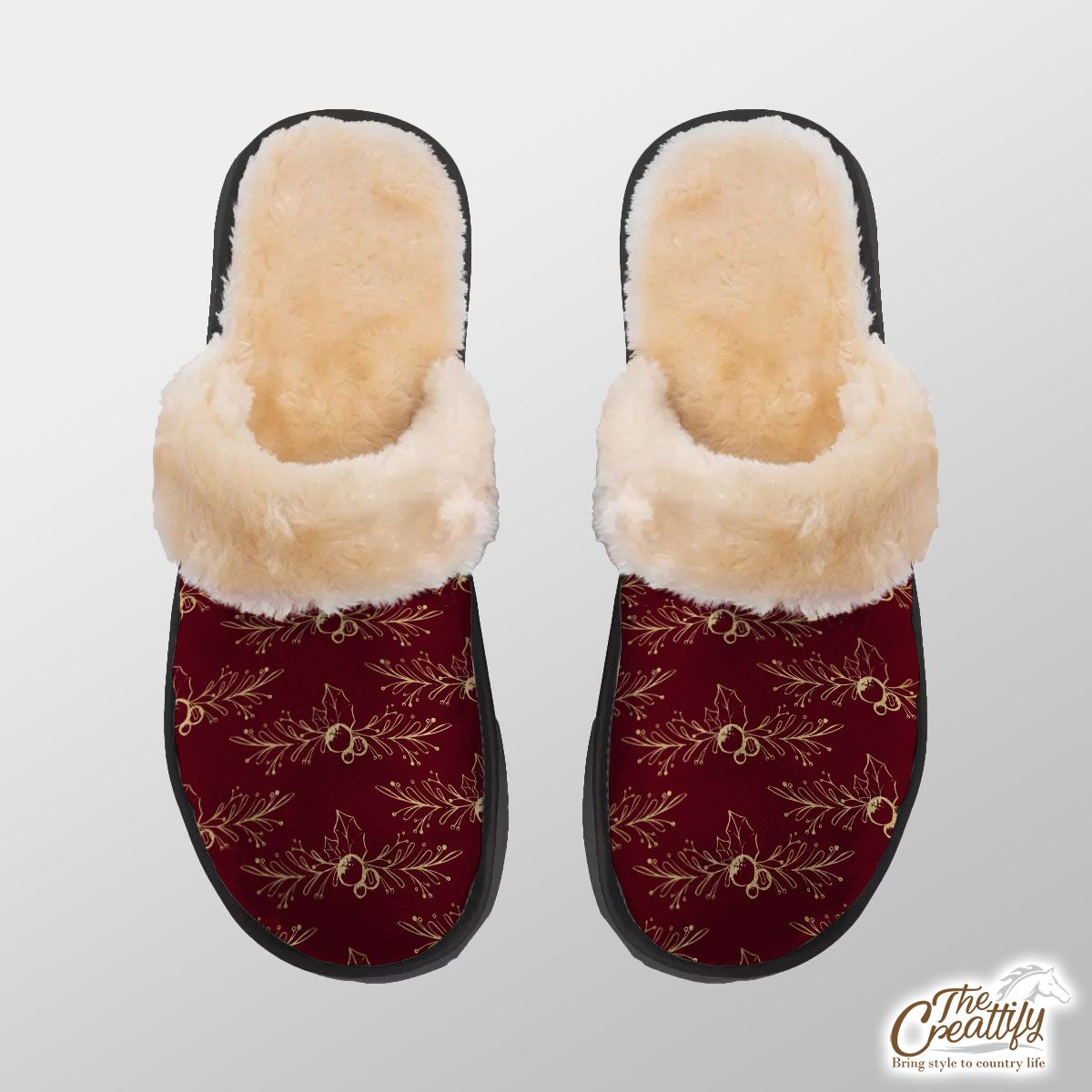 Christmas Mistletoe And Holly Leaf Home Plush Slippers