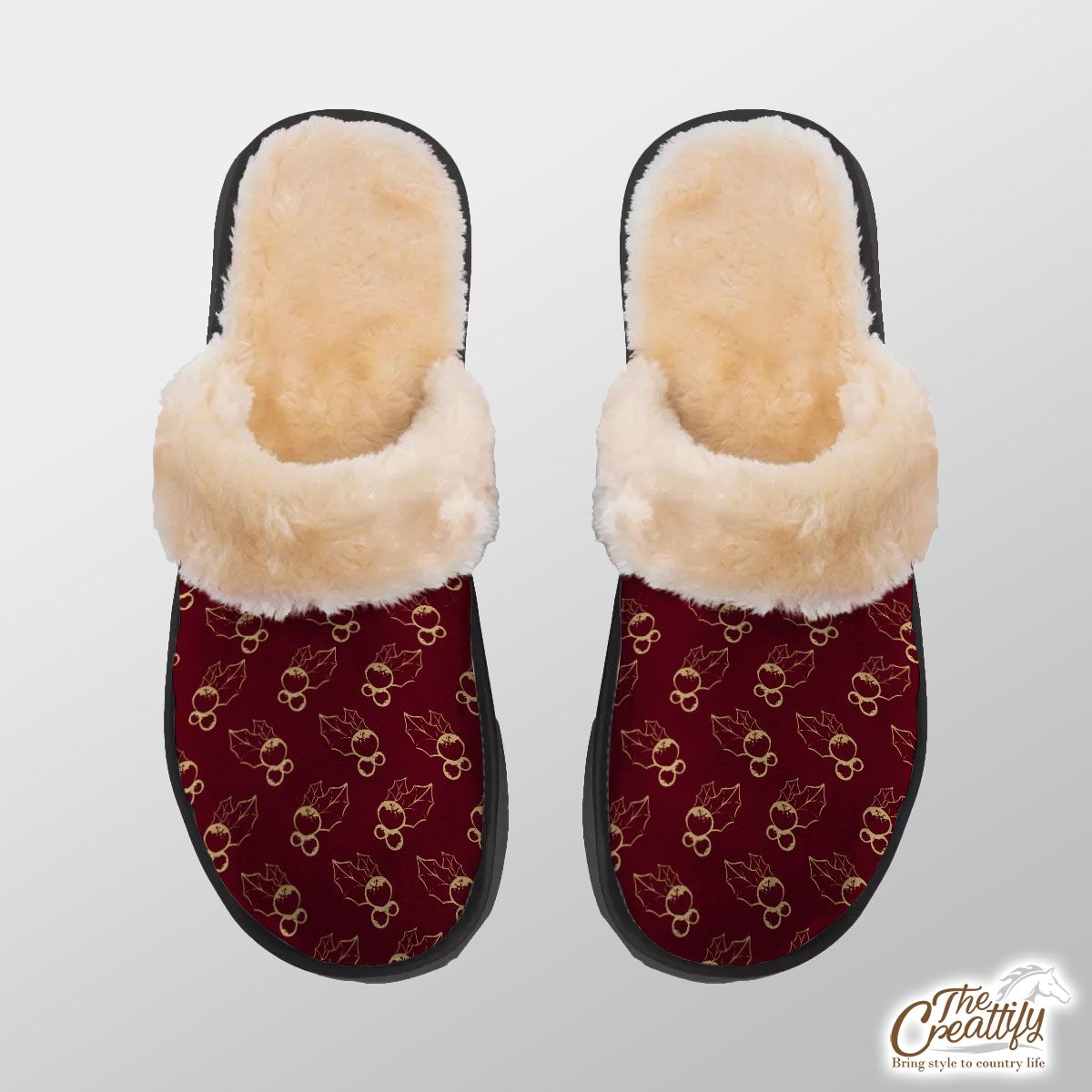 Holly Leaf, Holly Berries, Red Berries Home Plush Slippers