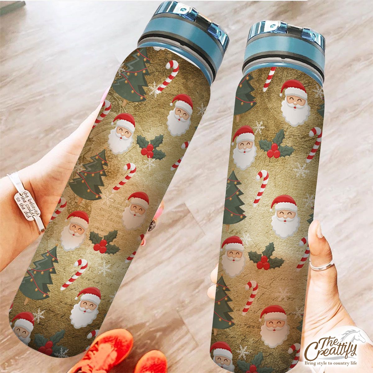 Santa Clause, Candy Canes And Holly Leaf, Pine Tree Tracker Bottle