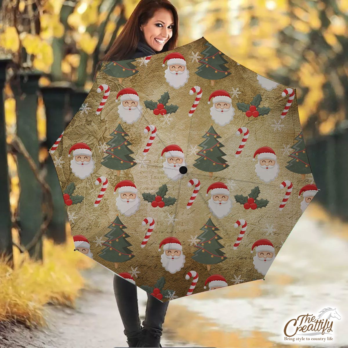 Santa Clause, Candy Canes And Holly Leaf, Pine Tree Umbrella