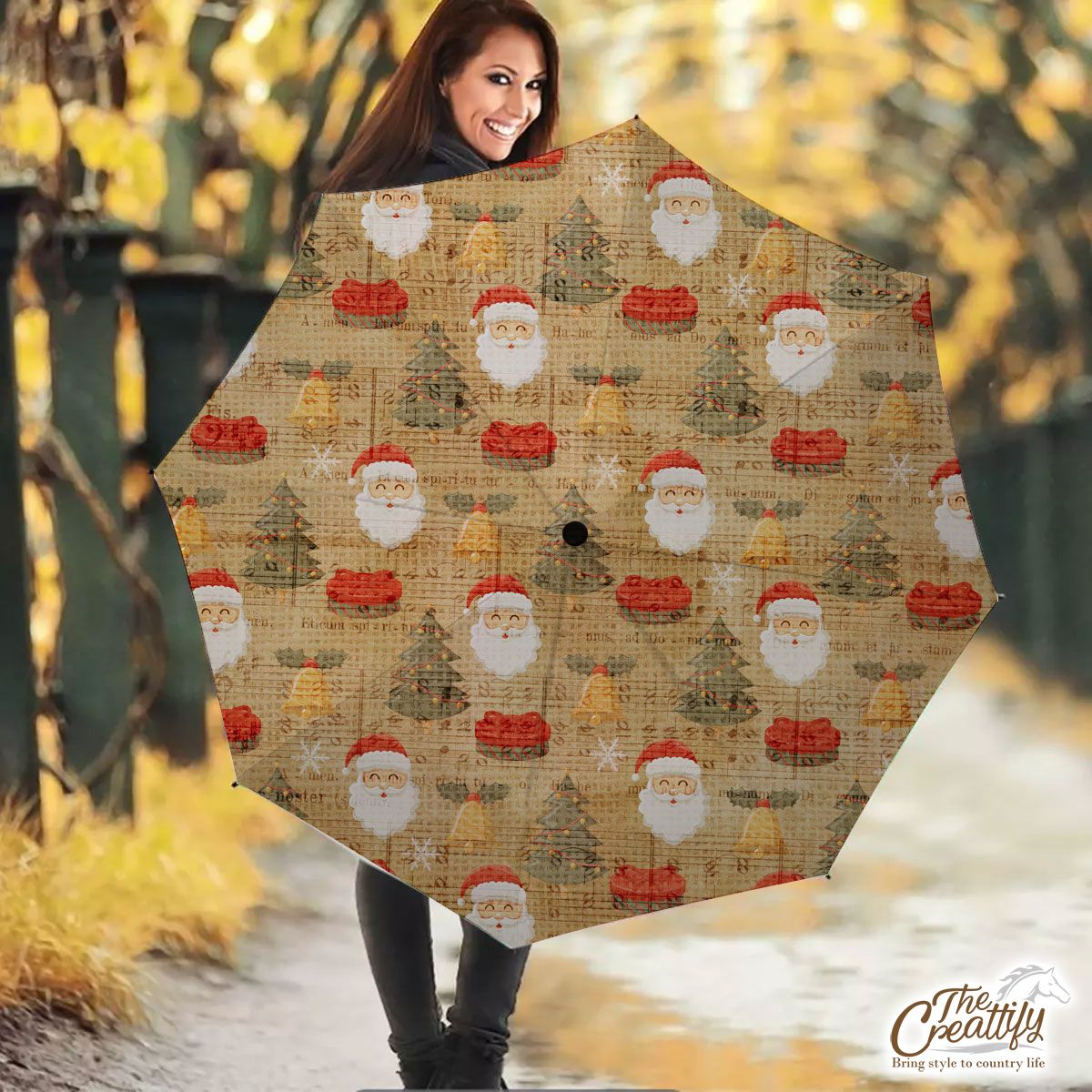 Vintage Christmas With Santa Clause, Pine Tree And Bells Umbrella