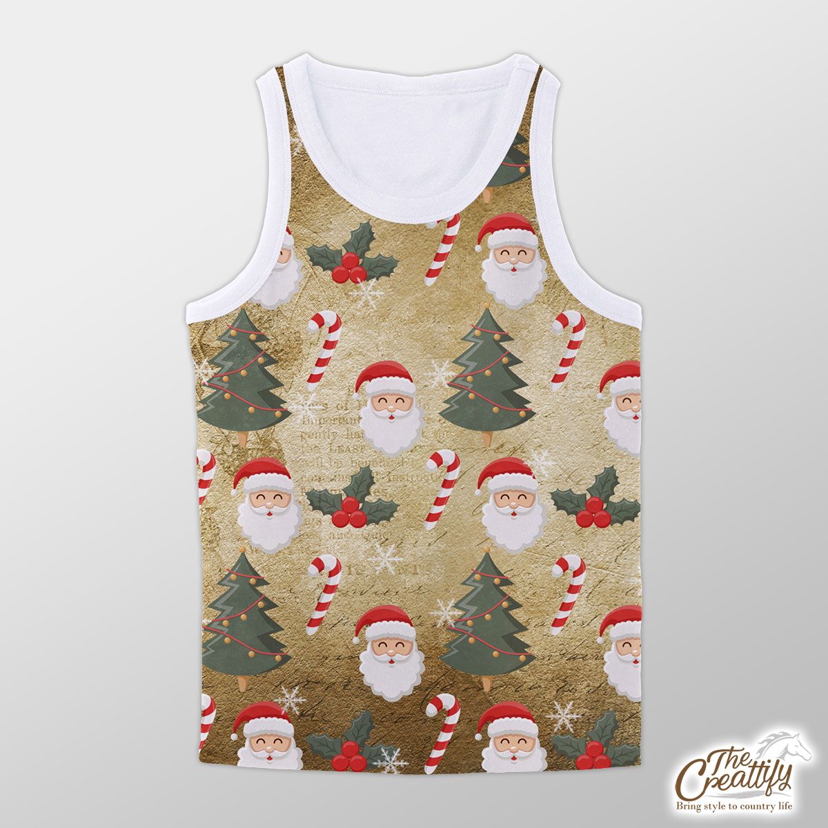 Santa Clause, Candy Canes And Holly Leaf, Pine Tree Unisex Tank Top