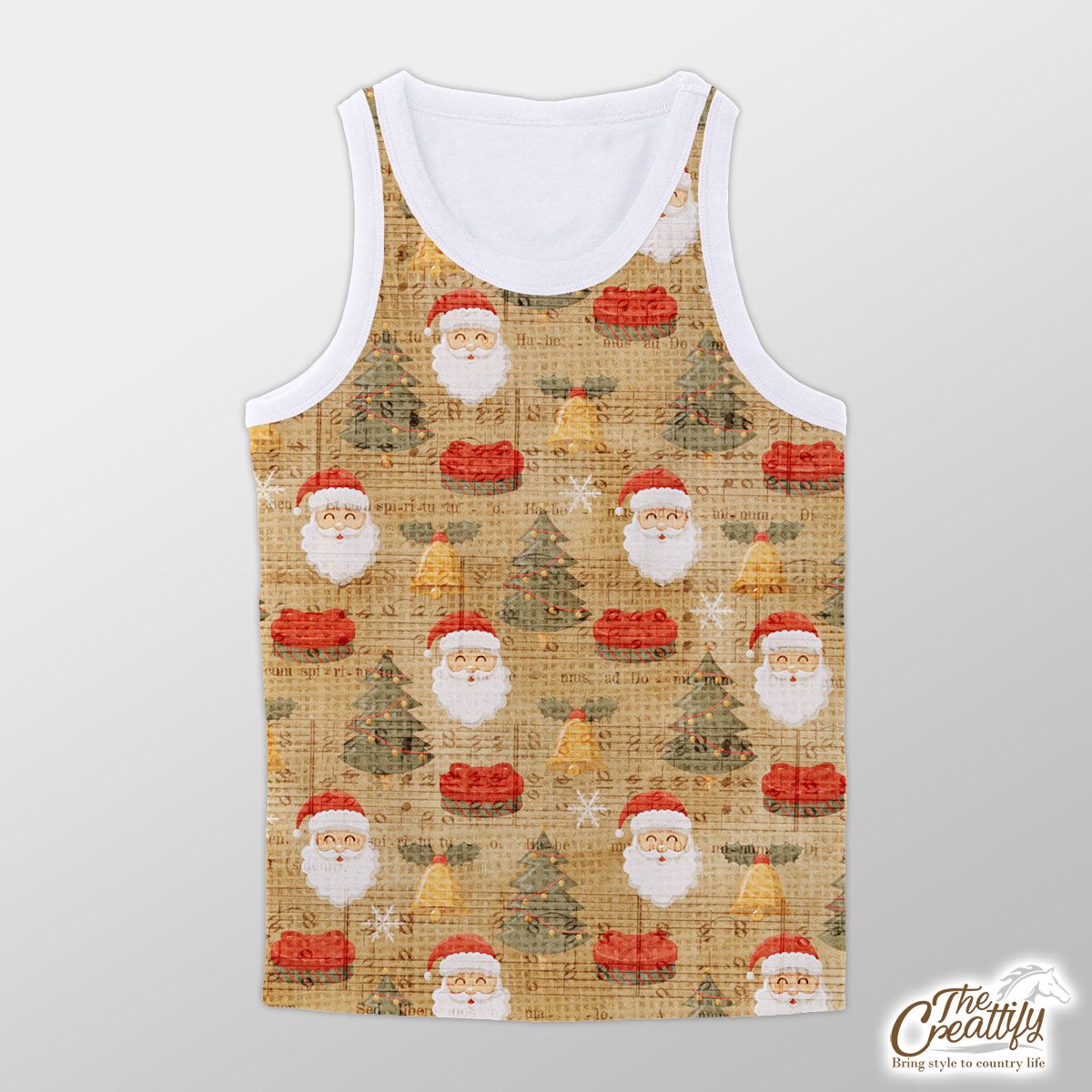 Vintage Christmas With Santa Clause, Pine Tree And Bells Unisex Tank Top