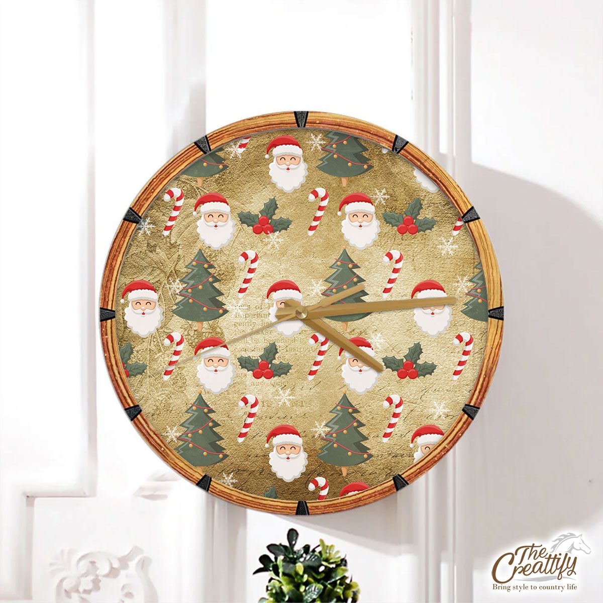 Santa Clause, Candy Canes And Holly Leaf, Pine Tree Wall Clock
