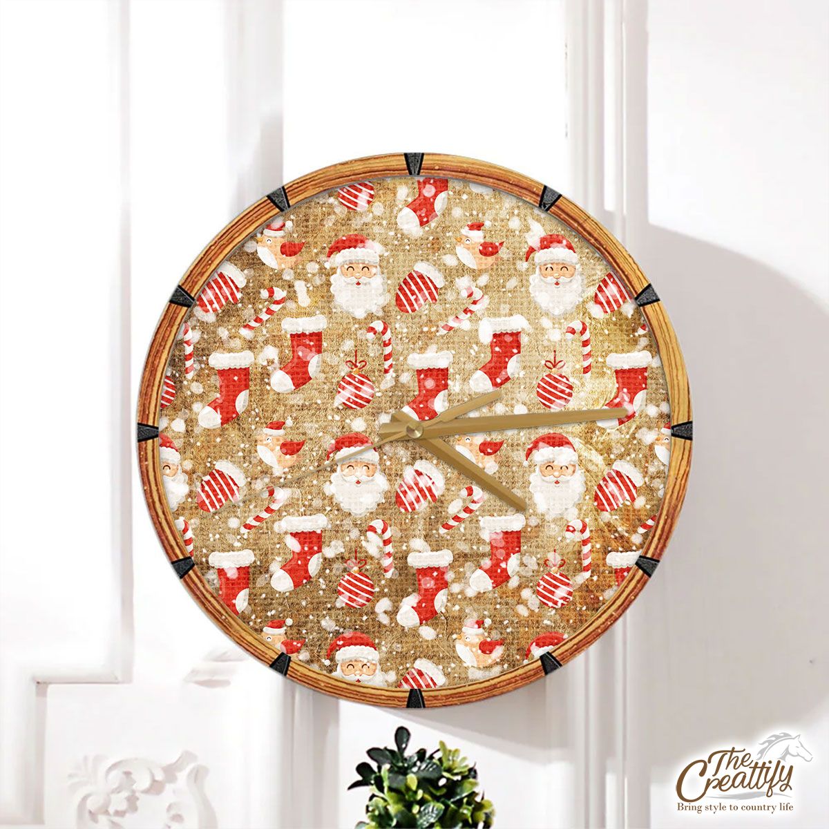 Santa Clause, Red Socks, Candy Canes And Cardinal Bird On Snowflake Wall Clock