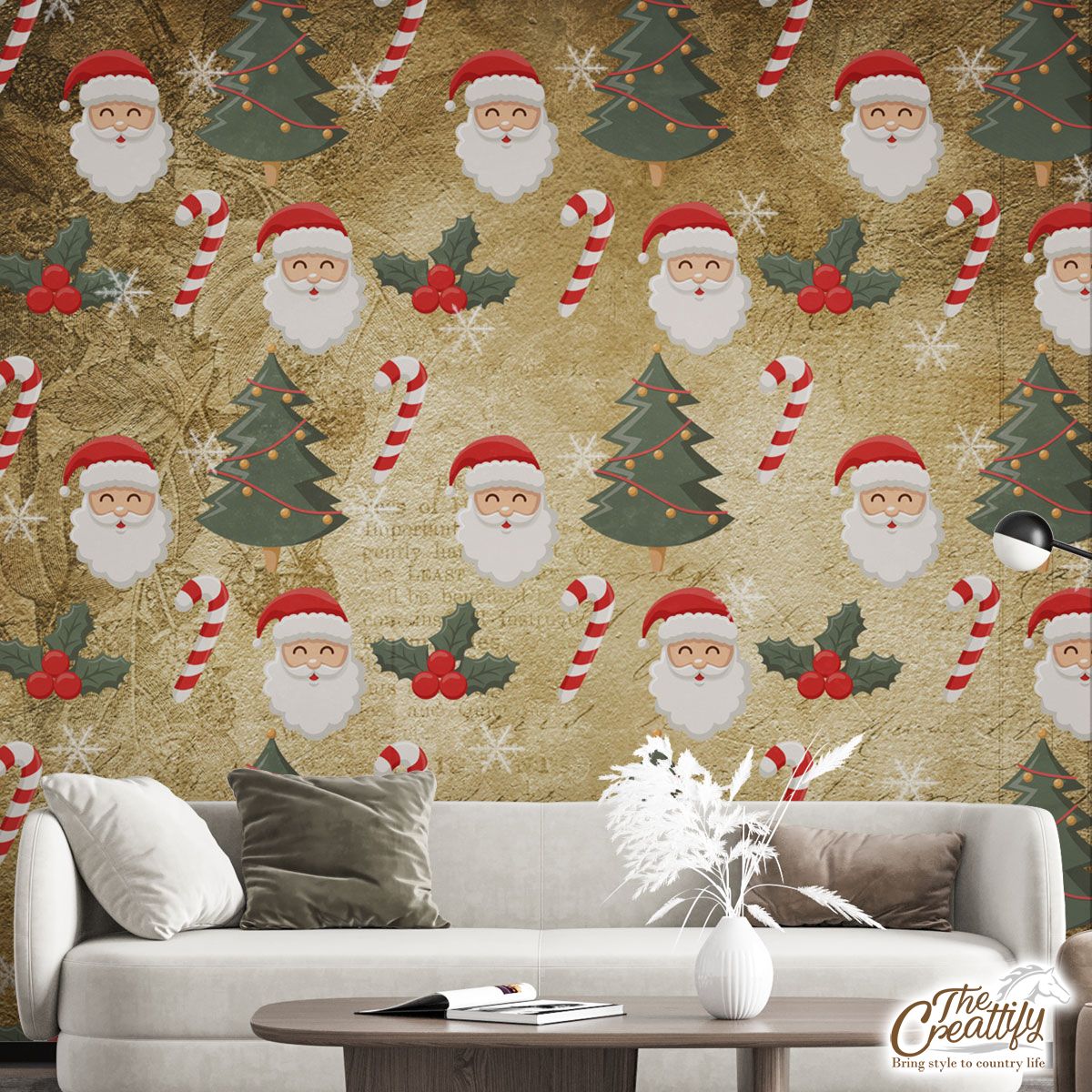 Santa Clause, Candy Canes And Holly Leaf, Pine Tree Wall Mural