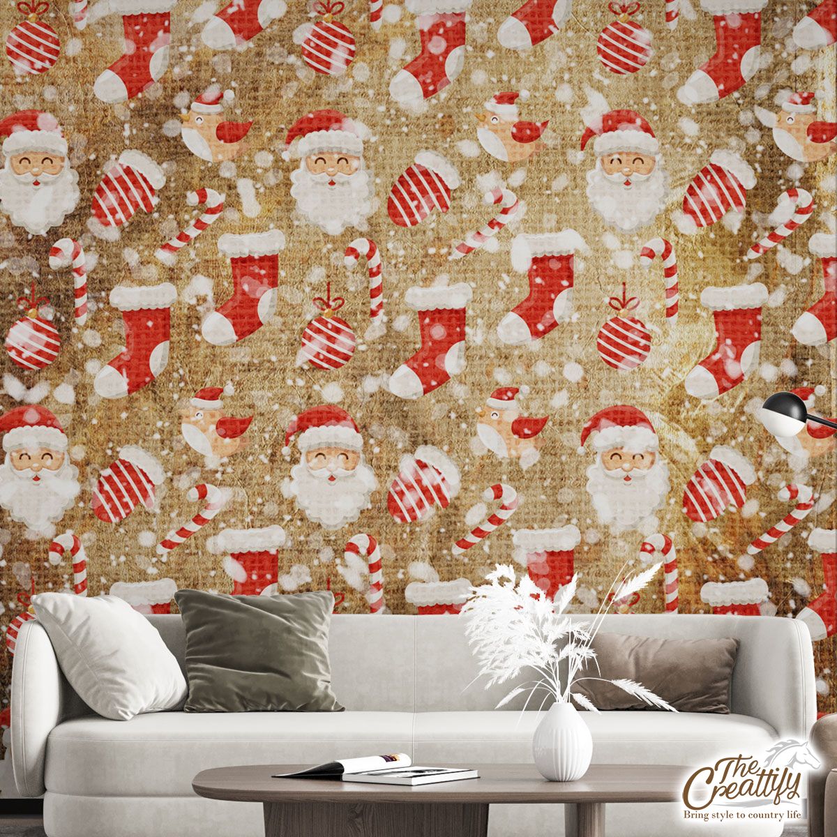Santa Clause, Red Socks, Candy Canes And Cardinal Bird On Snowflake Wall Mural