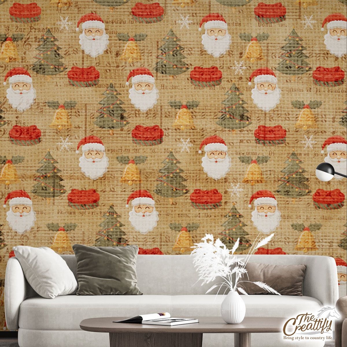 Vintage Christmas With Santa Clause, Pine Tree And Bells Wall Mural