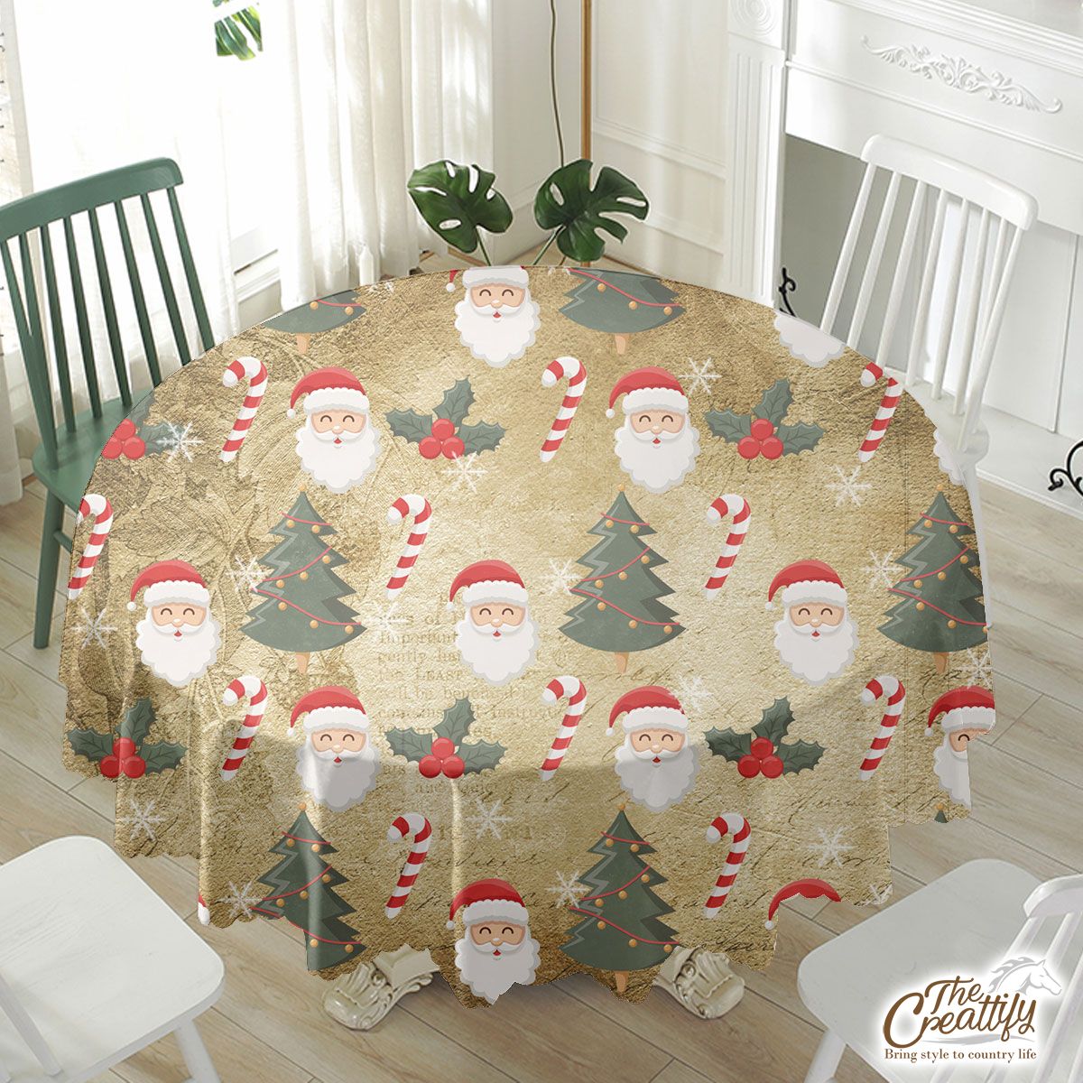 Santa Clause, Candy Canes And Holly Leaf, Pine Tree Waterproof Tablecloth