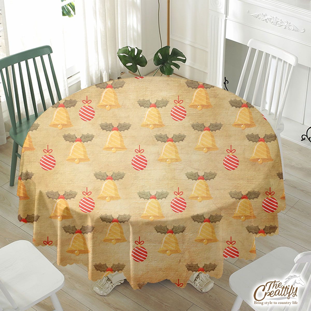 Vintage Christmas With Bells And Christmas Baubles Waterproof Tablecloth
