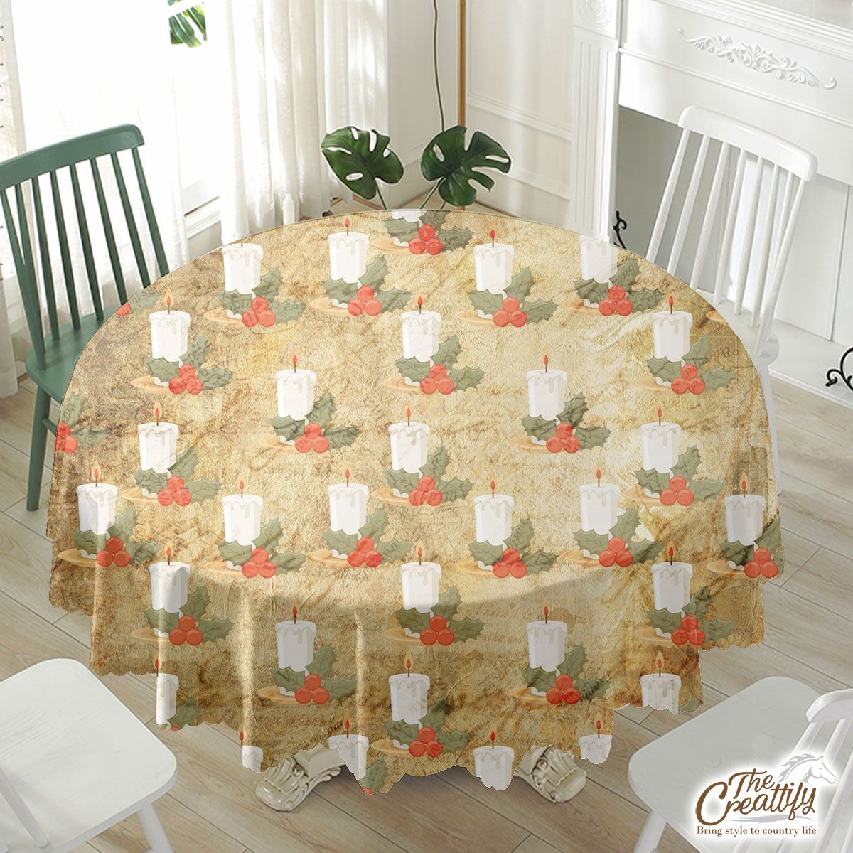 Vintage Christmas With Christmas Scented Candle And Holly Leaf Waterproof Tablecloth