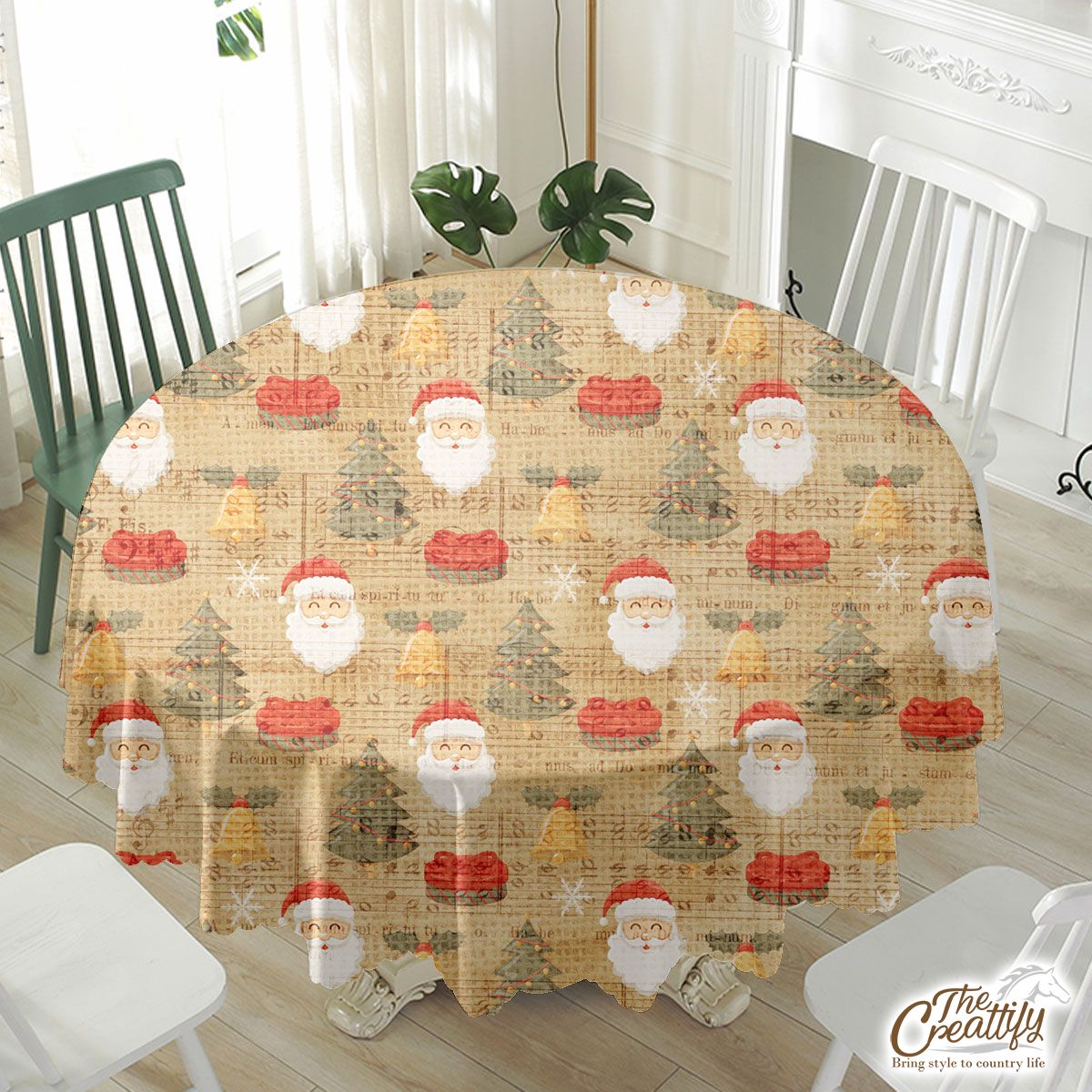 Vintage Christmas With Santa Clause, Pine Tree And Bells Waterproof Tablecloth
