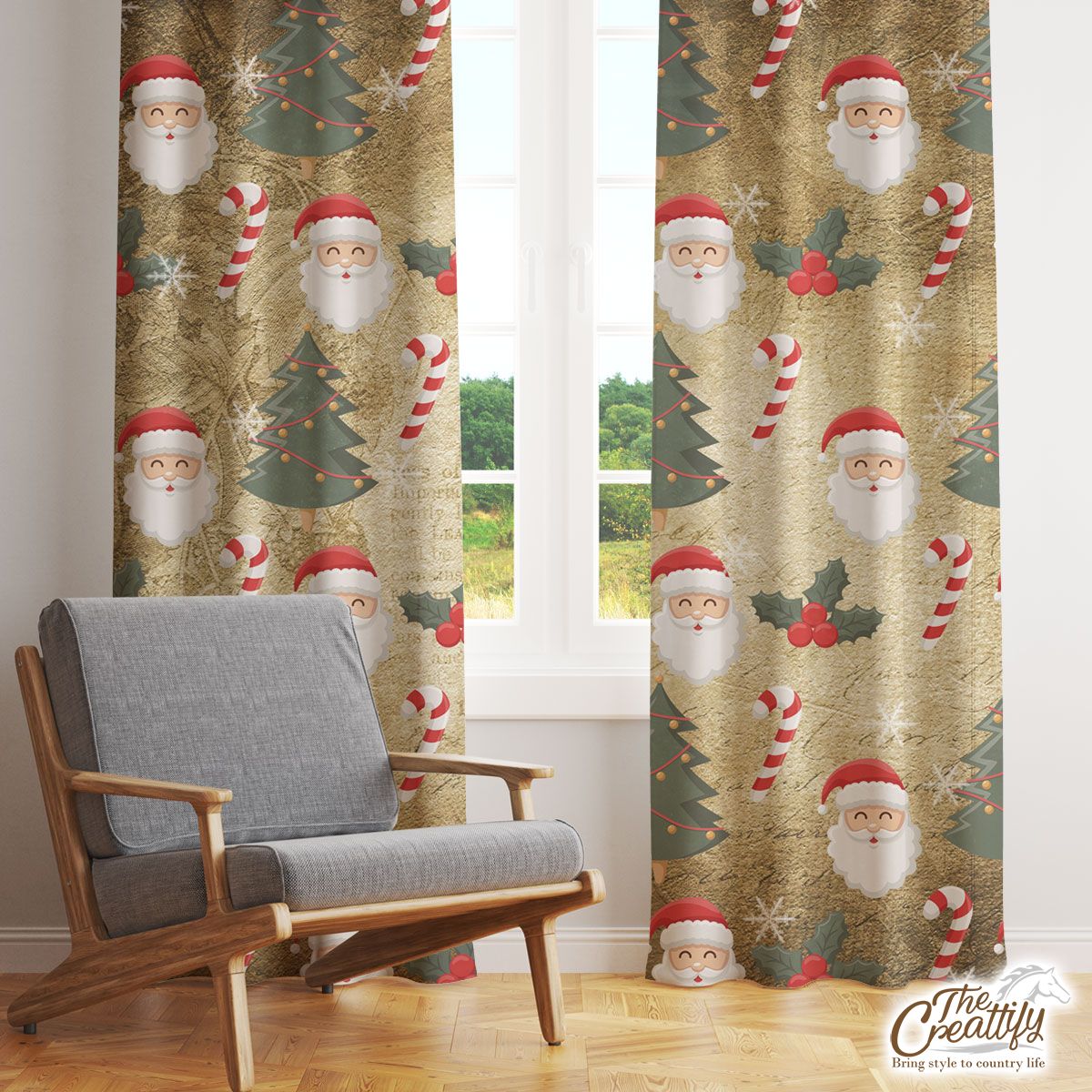 Santa Clause, Candy Canes And Holly Leaf, Pine Tree Window Curtain