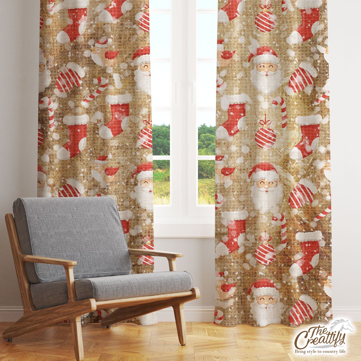 Santa Clause, Red Socks, Candy Canes And Cardinal Bird On Snowflake Window Curtain