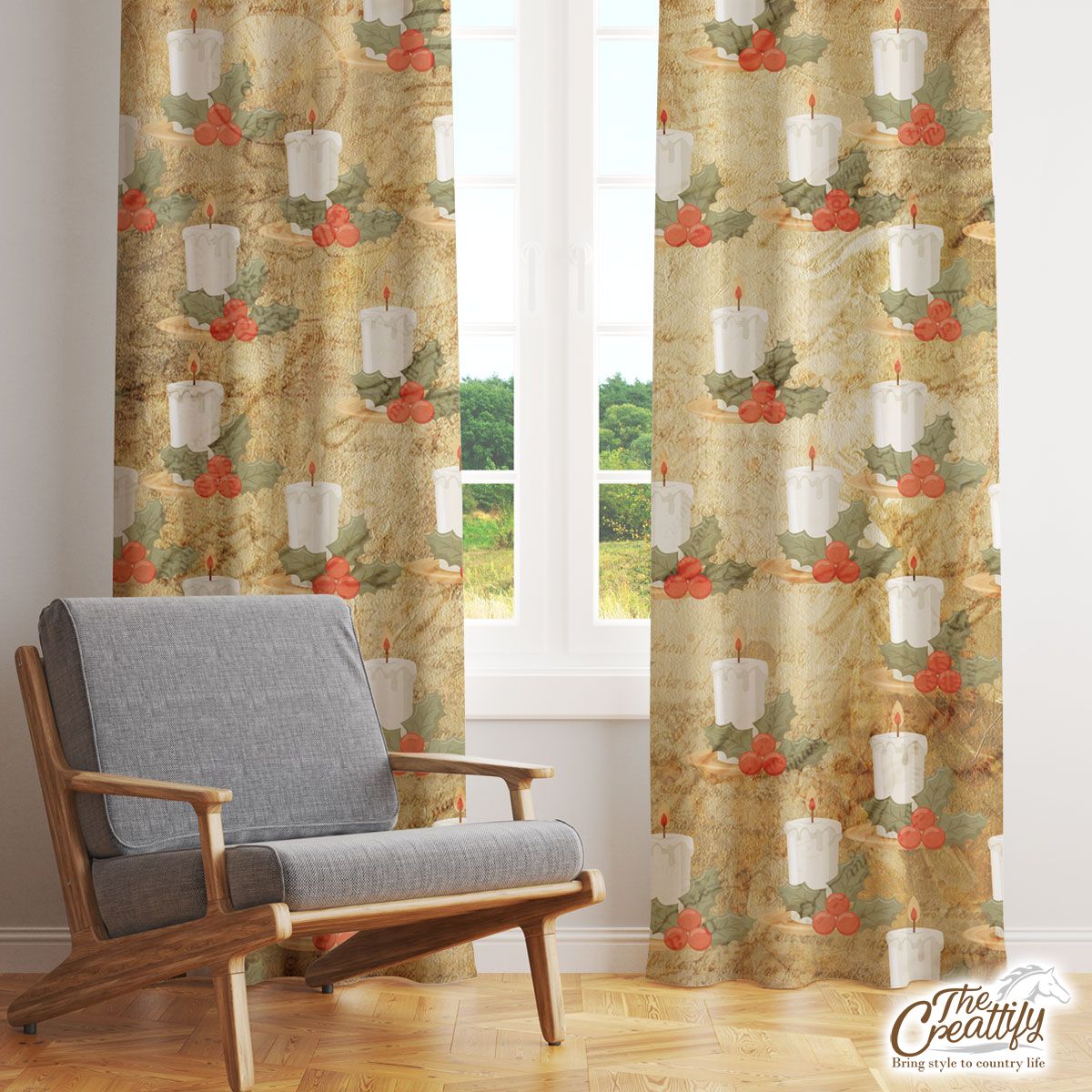 Vintage Christmas With Christmas Scented Candle And Holly Leaf Window Curtain