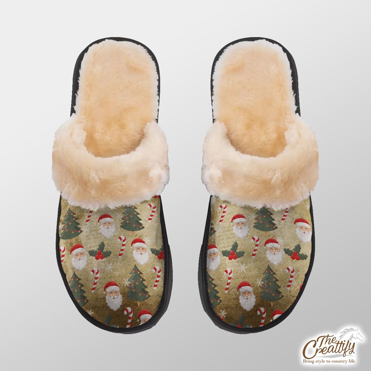 Santa Clause, Candy Canes And Holly Leaf, Pine Tree Home Plush Slippers