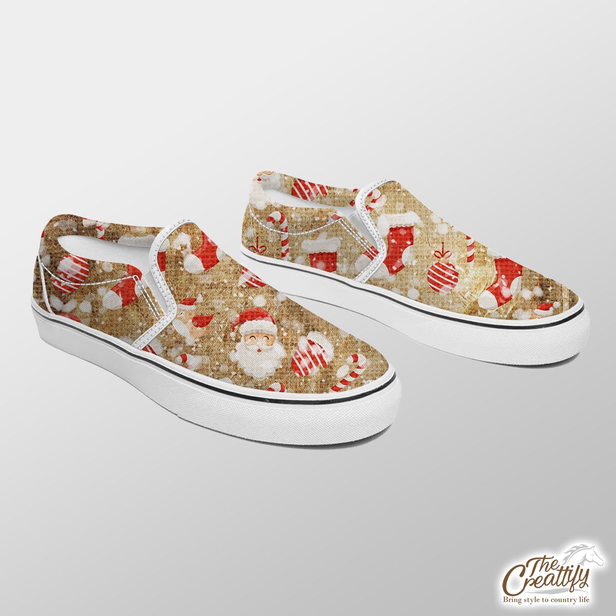 Santa Clause, Red Socks, Candy Canes And Cardinal Bird On Snowflake Slip On Sneakers