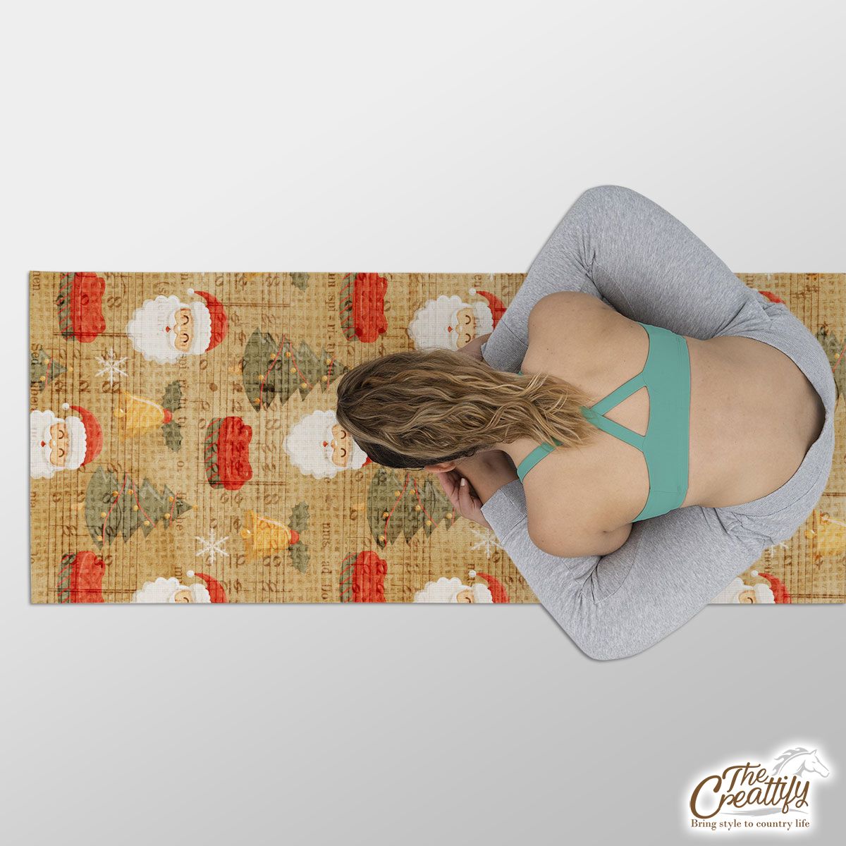 Vintage Christmas With Santa Clause, Pine Tree And Bells Yoga Mat